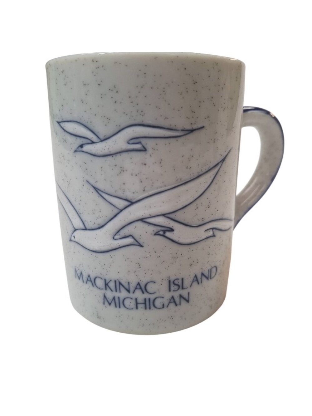 Mackinac Island Michigan Souvenir Mug With Blue Speckled Design & Seagulls 3" Di